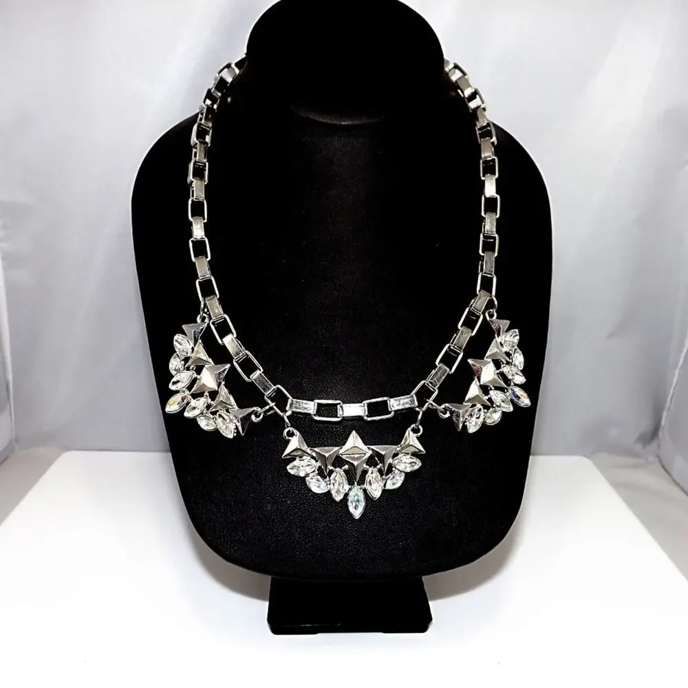 Silver Tone Statement Necklace, Aurora Borealis Rhinestones, 20 Inches